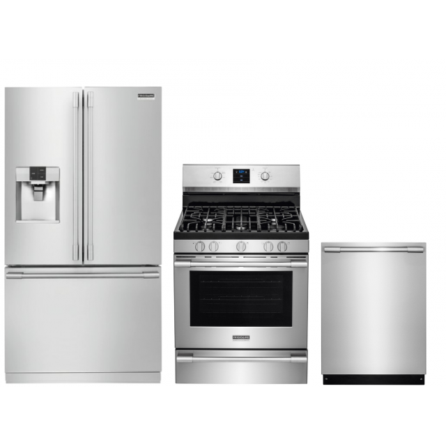 Frigidaire Professional FPBS2777RF 27.8 Cu. Ft. Refrigerator, FPBM3077RF 30 in. Over-The-Range Microwave, FPGF3077QF 5.6 cu. ft. Self-cleaning Convection Gas Range, FPID2497RF 47-Decibel Built-in Dishwasher in Stainless Steel Frigidaire Professional FPBS2